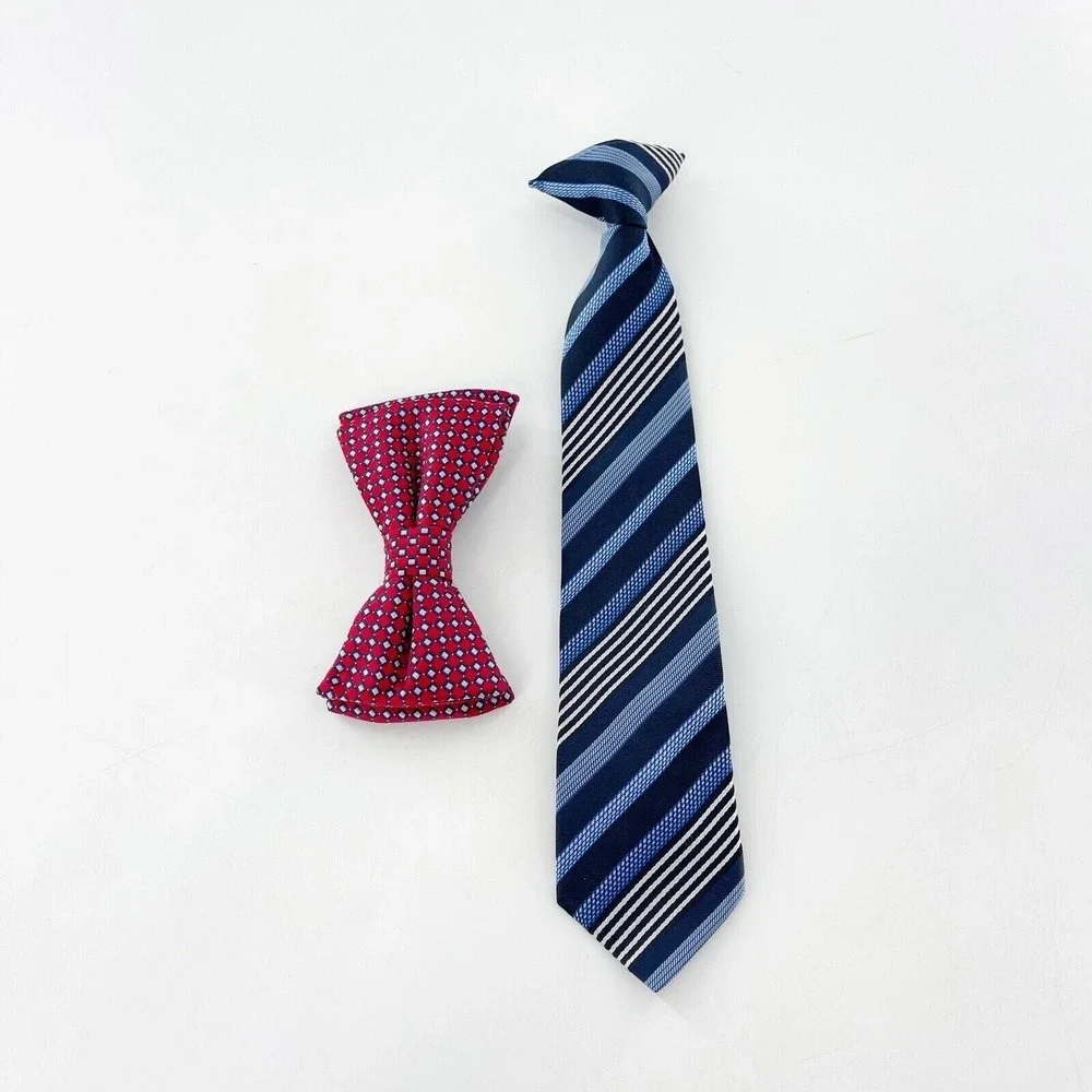 Boys 2 Piece Tie Set Blue Striped Necktie Red Patterned Bow Formal Wear Clip‎
